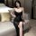 Elegant black sheer long sleep dress featuring lace mesh design, adjustable straps, and a flowing silhouette for comfortable ...