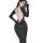 Woman wearing a sleek black backless long dress with ruched detailing, showcasing a seductive and elegant silhouette.