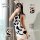 Japanese style cow print bra set with sweet floral lace & long sleeve high neck backless sweater dress featuring playful cow ...