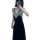 A woman wears a black lace gold velvet embroidered long sleep dress featuring a backless design and tie belt, perfect for wom...