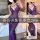 Woman wearing purple lace sheer long dress, seductive adult lingerie sleepwear with delicate straps and flowing silhouette.