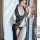 Sexy black lace trim long sleep dress with sheer backless design and split nightgown for women.