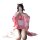 A person wearing a pink floral japanese-style kimono with cat ears, holding a phone to take a selfie. the outfit features pla...