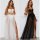 Two women elegantly pose in long gowns; one wears a white mesh dress with sheer fabric and high slit, while the other dons a ...