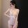 Woman wearing long night lingerie set – pure & sensual lace mesh sleepwear, hot temptation uniform outfit with pearl necklace...