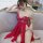 Elegant red lace sleep dress with deep v-neckline and sheer mesh design, perfect for women seeking allure and comfort.