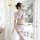 Sexy sheer long night lingerie set featuring a plunging neckline and lace stockings, perfect for women seeking elegant yet da...