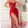 Vibrant red sheer mesh high slit long dress with plunging neckline, perfect for evening events.