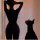 Silhouette of a woman and dog by window, wearing a purple lace backless tight t-shirt, exuding elegance and comfort.