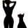 Silhouette of a woman with her hands on her head next to a dog, wearing a black long-sleeve top.