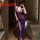 Woman wearing purple lace deep v sheer mesh sleep dress with bow-tie straps, sexy long nightgown set for women.