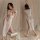 Woman wearing sensual lace long nightdress with side slit, elegant bodycon sleepwear for women, shown front and back views on...