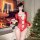 Sexy christmas bodysuit for women - long sleeve lace cut-out holiday lingerie with backless design