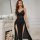 Sexy -style long dress lingerie set – elegant black lace design with high slit, perfect for nightwear.
