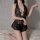Sexy lace bodysuit featuring open-crotch design, sheer mesh long dress, and uniform-inspired lingerie set for women.