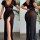 Woman wearing a sexy black lace mesh slit long dress, sheer nightclub and lingerie style with deep v-neck and high side slit.