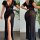 Woman wearing a black sheer lace mesh long dress with high slit, front and back view.