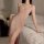 Woman wearing a sexy mesh slip dress with a high split, sheer temptation long nightgown set for women, lingerie and sleepwear...