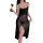 Woman wearing a black sheer mesh slip dress with a high split, holding a red rose.