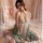 Sheer hanfu-inspired lingerie set with floral bodysuit and long skirt, perfect for belly dance or romantic evenings.