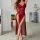 Elegant red sheer lace evening dress with high slit, perfect for sensual evening wear. -inspired erotic lingerie style.