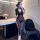 Sexy lace sheer long dress with seductive side slit, bodycon design, perfect for women seeking elegant and daring fashion.