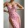 Pink floral design long skirt with thigh-high slit, paired with matching thong set, perfect for evening wear or themed events...