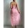 Pink floral patterned long skirt with thong top, elegant design perfect for evening wear or themed events.