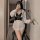 White lace long-sleeve shirt paired with black leather harness, perfect for role play and cosplay outfits.