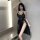 Elegant black lace mesh halter split bust long nightgown, stylish womens sexy lingerie sleep dress with delicate design.