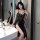 Elegant black lace mesh halter split bust long nightgown for women, featuring sheer fabric and intricate design, perfect for ...