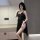 Elegant black lace mesh halter split bust long nightgown, stylish womens sexy sleep dress with delicate design.