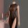 A woman wearing a sheer lace cheongsam sleepwear, featuring a long slit and elegant design, displayed beside roses and a cand...