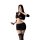 Woman in black yeyu bodycon mini skirt and long-sleeve top, posing with phone—seductive secretarial lingerie set for women.