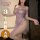 Model wearing yiying purple lace cheongsam dress, featuring a sexy one-shoulder design, high slit, sheer fabric, and butt-cle...
