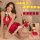 Woman modeling red backless christmas lingerie dress with white fur trim and green bow, featuring hollow-out design.