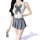 Woman wearing a seductive schoolgirl-style jk uniform set with a white bodysuit, gray bow, pleated skirt, and white stockings...