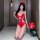 Sexy red lace sleep dress featuring halter neck, bow detail, and peekaboo cutouts, perfect for a princess-themed erotic linge...