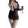 Woman in black sheer mesh halter sleep dress with deep v-neck, holding wine glass and phone. luminous gold lace bodysuit styl...