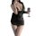 Woman in black sheer mesh halter sleep dress holding wine glass, showcasing sexy flirty silhouette. luminous gold lace bodysu...