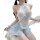 Woman wearing sheer blue and white machu chu maid costume set with ruffles, bow, and no-undress design.