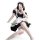 A woman poses in a black and white maid cosplay dress, featuring ruffles and lace details, perfect for lolita-style outfits.