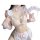 Sexy french maid cosplay lingerie set with sheer mesh, ruffled trim, and cute bows for women’s costume play.
