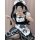 A cute maid costume cosplay dress featuring black and white checkered patterns, fluffy ruffles, and adorable cat ear accents,...