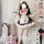 A woman models a maid costume cosplay dress, featuring a cute student lolita outfit with a black and white apron, pink bow, a...
