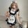 A woman wearing a maid costume cosplay dress, featuring a black and white apron with cat paw prints, holding a teddy bear and...