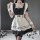 A woman wearing a black and white maid costume cosplay dress, featuring ruffled sleeves, a corset belt, and lace details, per...