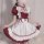 A woman wearing a maid costume cosplay dress, featuring a red and white color scheme with ruffles and bows, perfect for japan...