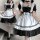 Two women wearing maid costumes cosplay outfits, featuring black and white dresses with ruffles and bows, perfect for japanes...