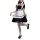 A person wearing a maid costume cosplay dress, featuring a black and white design with ruffles and a corset-style top, perfec...